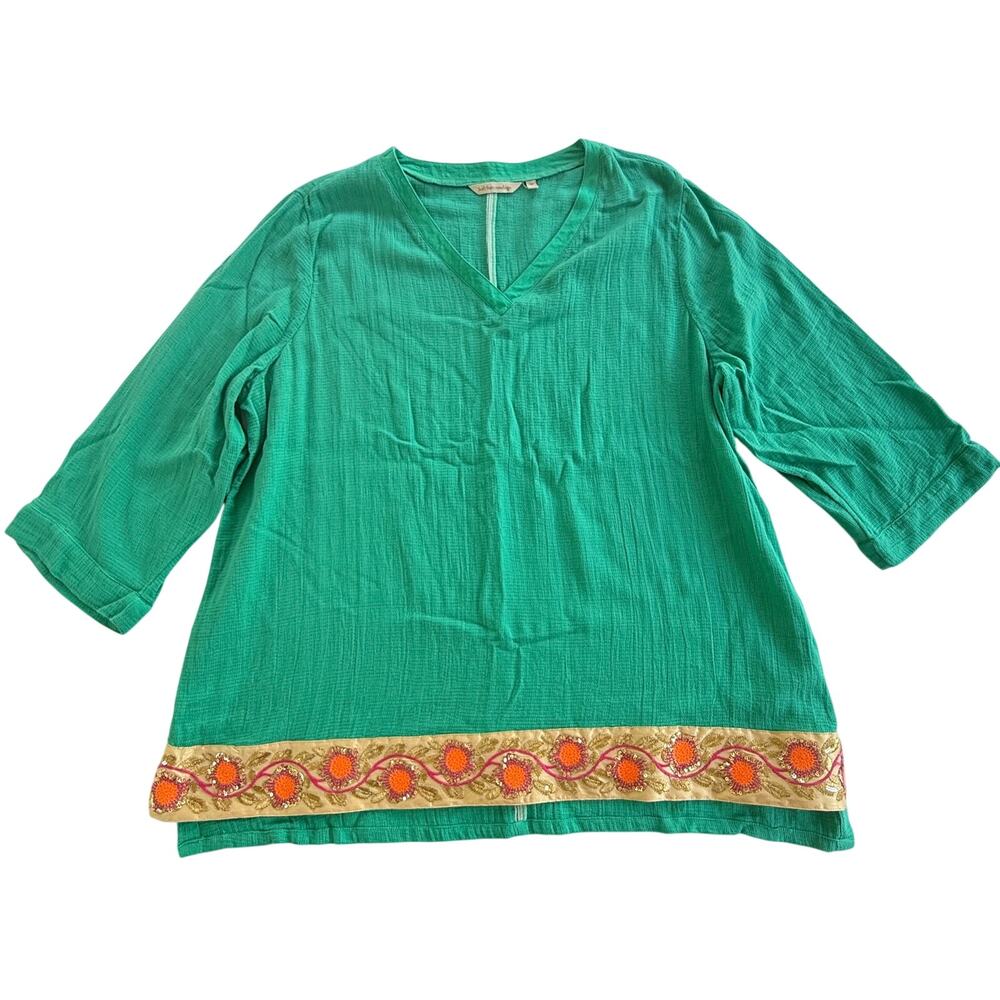 Soft Surroundings Tunic Top Sailing Green Embroidered Floral Size 1X
